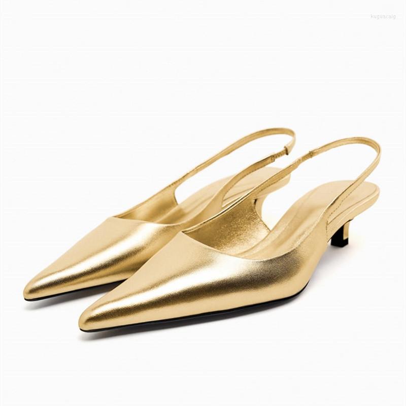 

Sandals TRAF 2023 Gold Leather Pumps For Women Summer Pointed Toe Heeled Woman Sexy Wedding Stiletto Elegant Heels Slingbacks