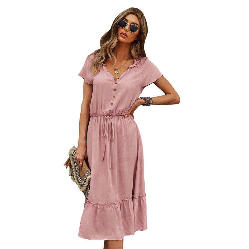 

V-neck A-line Women's Casual Dresses Thin Capped Short Sleeves Adjustable Sashes Ruffles Single Breasted Button Down Bust High Waist Midi Mid-calf Spring Summer, Pink