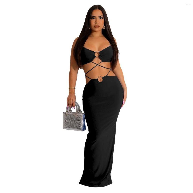 

Casual Dresses Zoctuo Maxi Clothing Robe Vestidos Night Club Party Women' Solid Color Tie Up Iron Ring Sleeveless Long Dress Elegant, Black