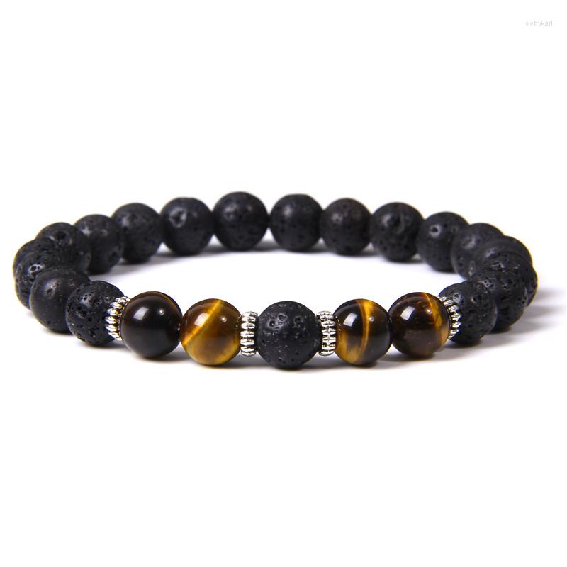 

Strand Men Energy Bracelet Vintage Natural Lava Volcanic Stone Beads 8mm Tiger Eye Charm Buddha Jewelry Unisex