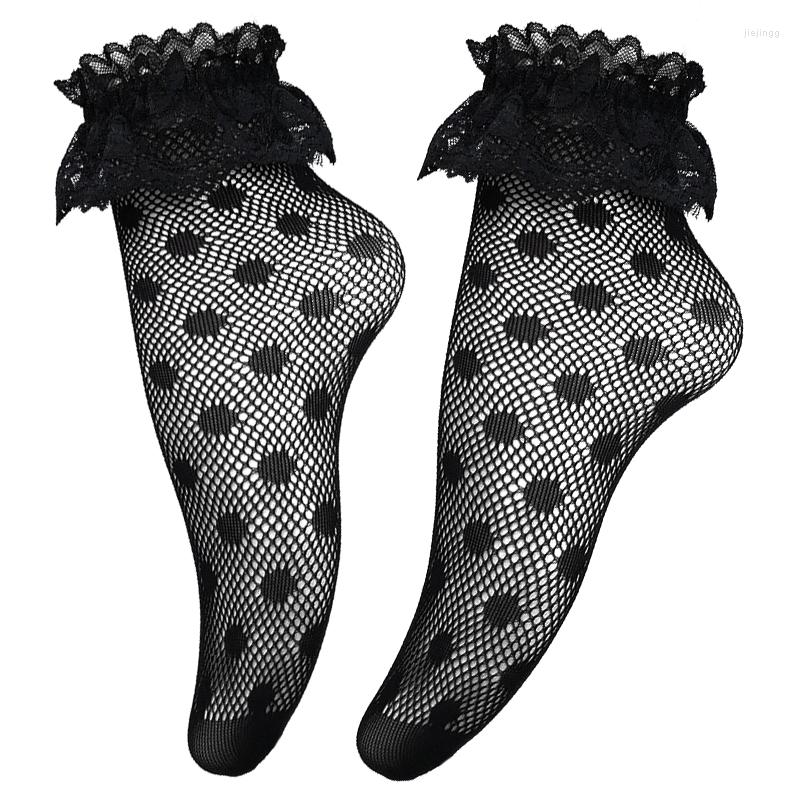 

Women Socks Lace Black Vintage Lolita Style Girls Frilly Polka Dot Fishnet Fashion Hollow Out Summer Short Sock For