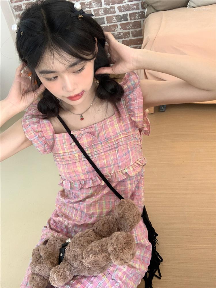 

Casual Dresses Korobov Y2k Summer Pink Grid Dress Flying Sleeve Square Collar Sweet Bowknot Slip Skirt Female Korean Fashion Vestidos