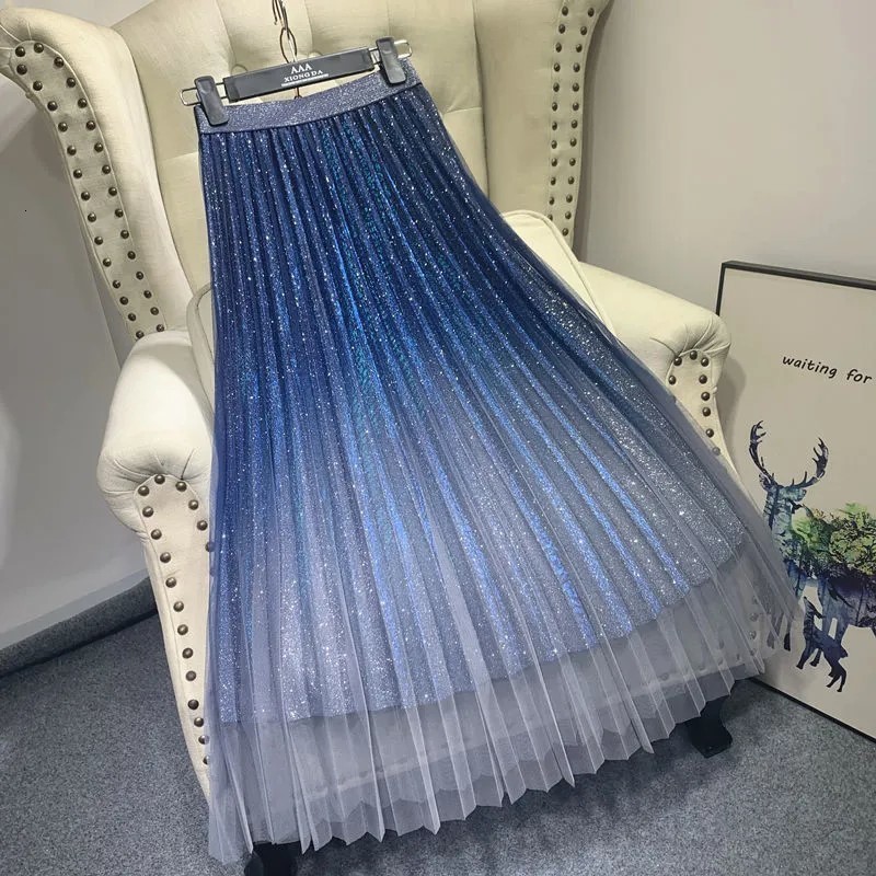 

Skirts Summer Tulle Skirt Sequin skirt High Waist long pleated Skirt Blue Evening Party Sexy Skirt Women falda sparkling skirt 230414