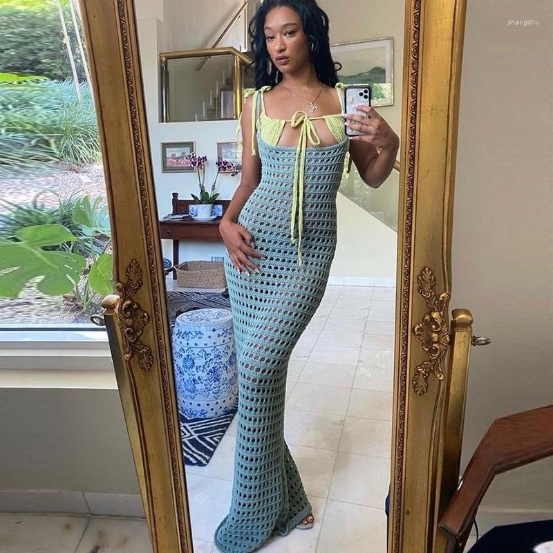 

Casual Dresses Summer Beach Holiday Backless Sundress Cover-Ups Sexy Hollow Out Midi Dress 2023 Chic Women Sleeveless Long Club Party, Blue