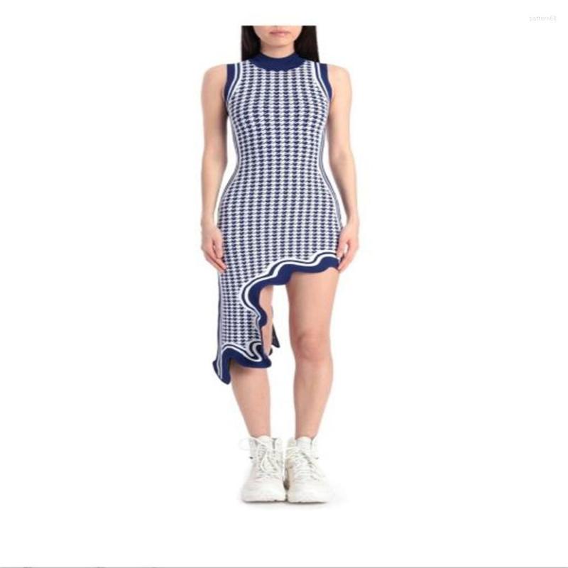 

Casual Dresses Houndstooth Sleeveless Dress Summer Temperament Retro Plaid Sexy Asymmetric Knit, Navy blue