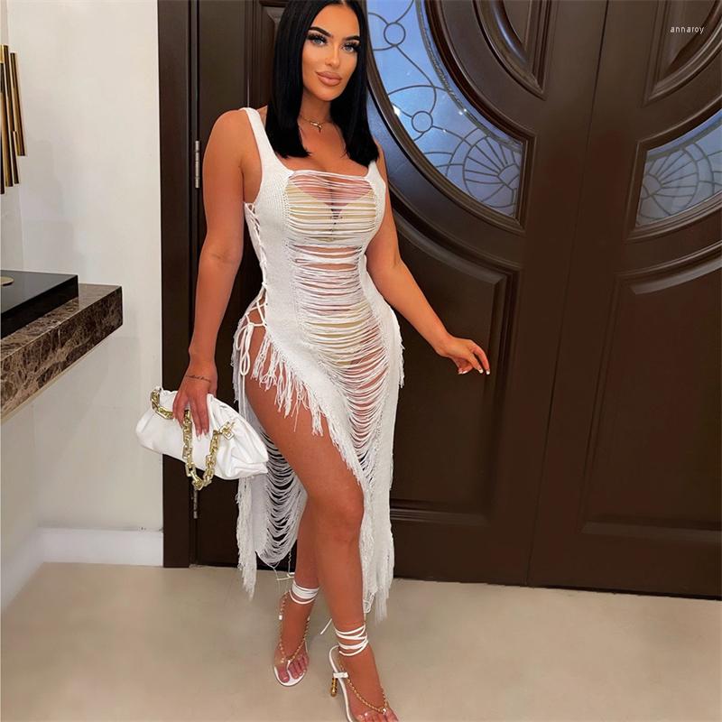 

Casual Dresses Tassel Knitted Summer Beach Dress Women Sexy See Through Hollow Out Side Lace Up Split Long Tunic Robe Holiday Cover Ups, Black