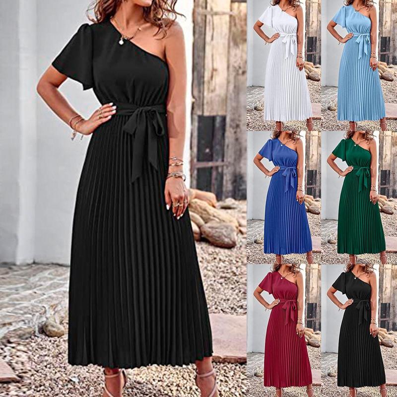 

Casual Dresses Womens Summer 2023 Solid High Waist Lace Up Elegant Inclined Shoulder Loose Dress Backless Mini, Light blue