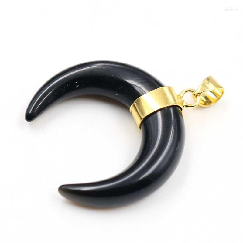 

Pendant Necklaces FYSL Light Yellow Gold Color Crescent Moon Black Agates Clear Quartz Classic Style Jewelry