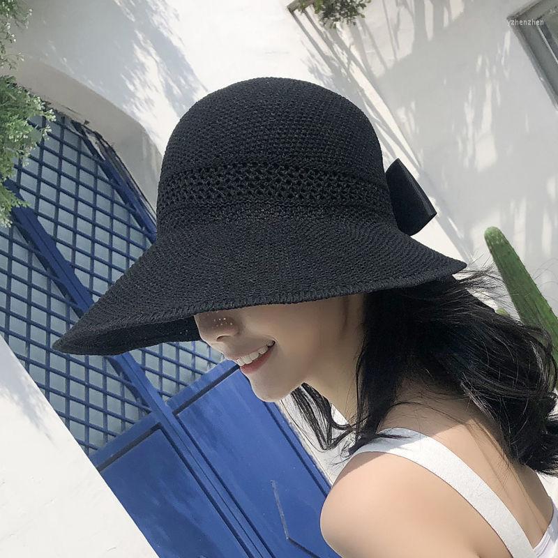 

Berets Hat Spring And Summer Sun Female Roll Empty Top Beach Big Overhang Protection Folding Shade Fish, Black