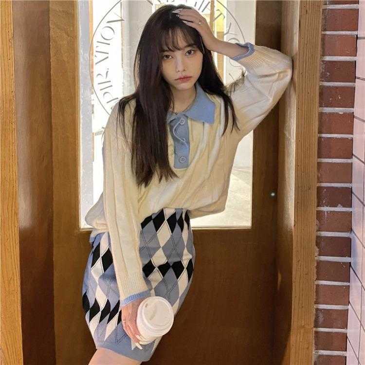 

Contrast Color Polo Collar Sweaters Knitwear Womens Autumn And Winter Leisure, Green