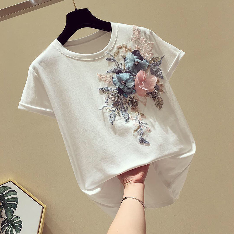 

Women's T-Shirt Streetwear Women T Shirts Flowers Solid Appliques Beading Tops Female Summer Short Sleeve Plus Size Tees Cotton Clothes 230414, Black