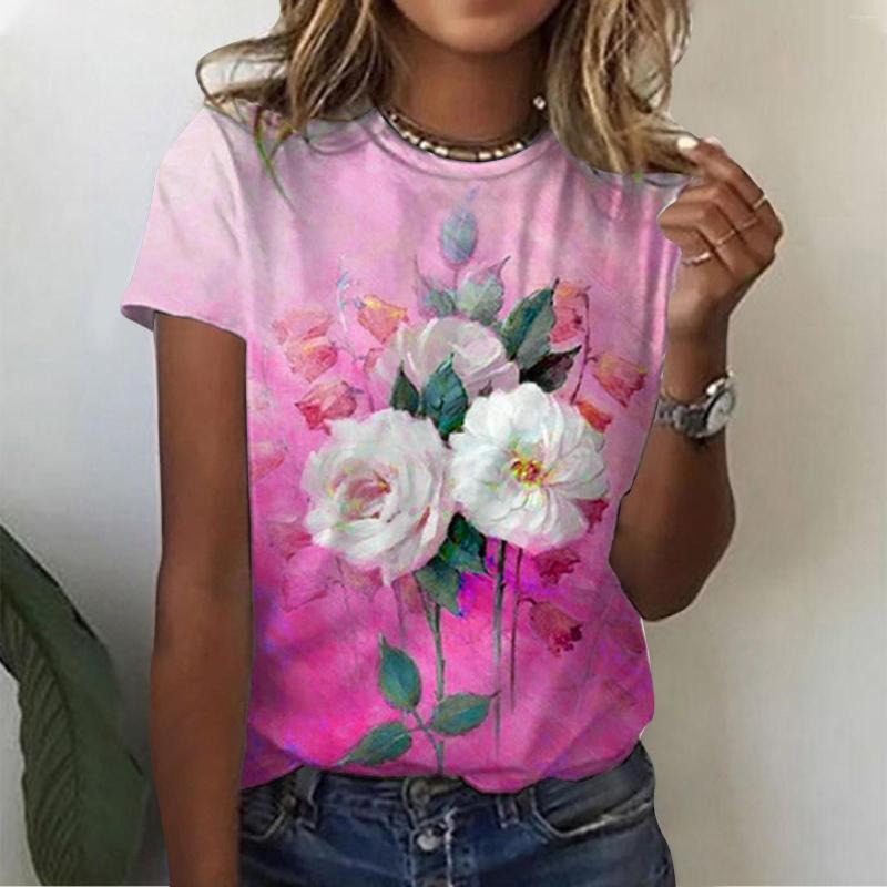 

Women' T Shirts Flower Printed Summer Women T-shirt Short Sleeve Graphic Tees Round Neck Female T-Shirts Ropa Mujer, Blue