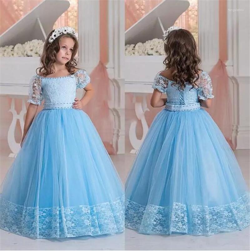 

Girl Dresses Blue Tulle Flower Off Shoulder Half Sleeve Princess Dress Wedding Party Gown First Communion, Pink