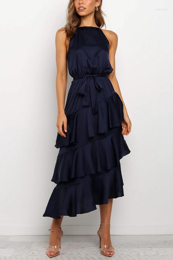 

Casual Dresses WildPinky 2023 Fashion Stain Women Halter Ruffle Hem Layered Dress Summer Sleeveless OL Tie Up Sashes A-line Long, Navy blue
