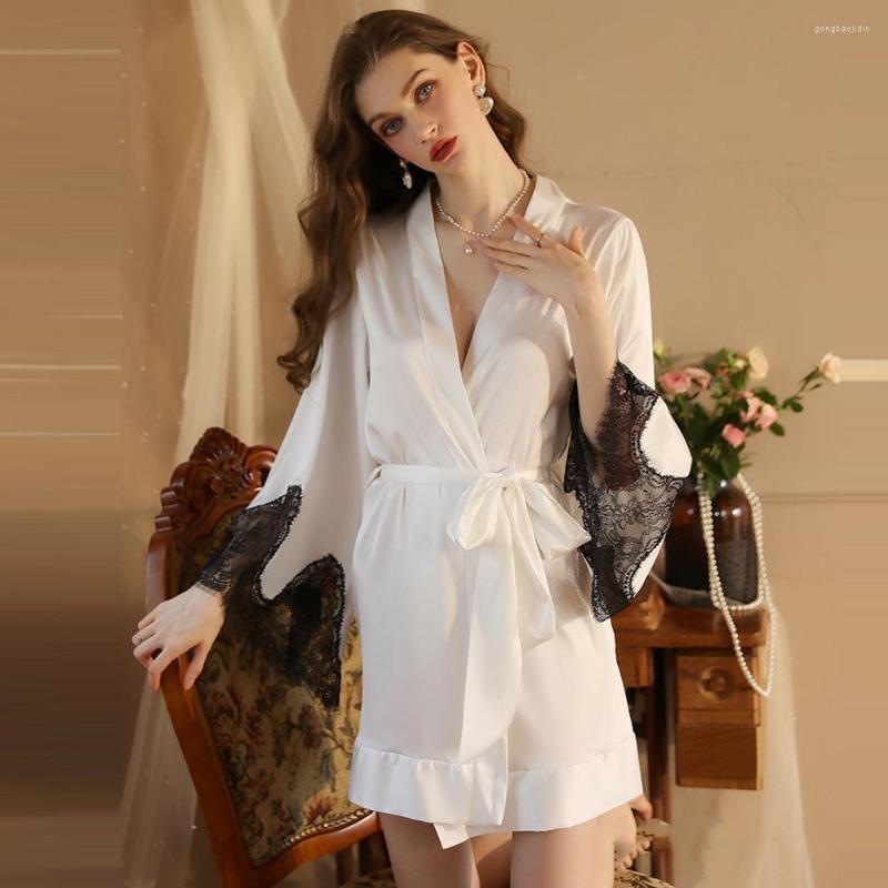 

Women' Sleepwear Jxgarb Solid Color Lace Decor Women Satin Sexy Bathing Bathrobes Long Sleeve Temptation Femme Shower Robes Elegant, White