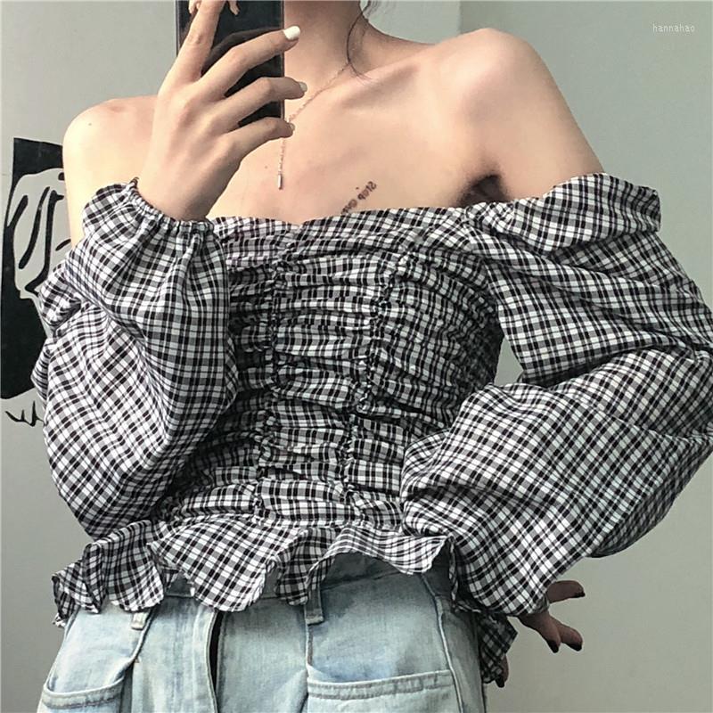 

Women' Blouses QWEEK Crop Women' Tunic Vintage Plaid Shirts Korean Fashion Long Sleeve Top Cute Preppy Off-the-shoulder Spring Clothes, Photo