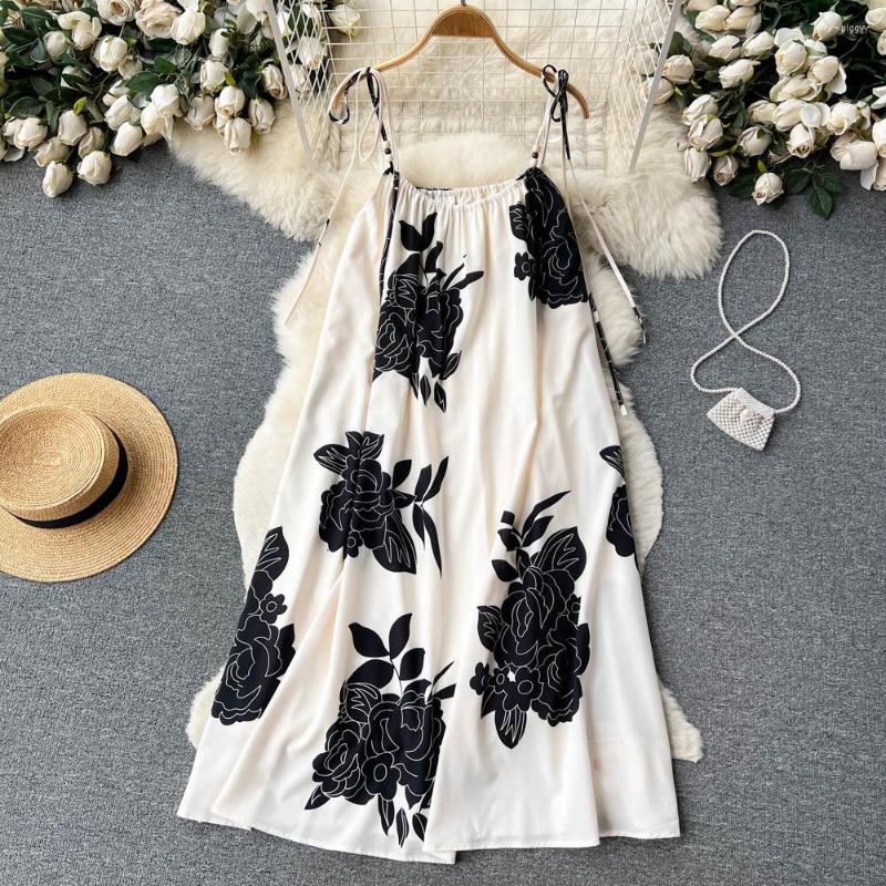 

Casual Dresses Foamlina Retro Style Flowers Print Women' Dress Summer Bow-tied Adjustable Strap Sleeveless Loose Waist A Line Beach, Picture shown