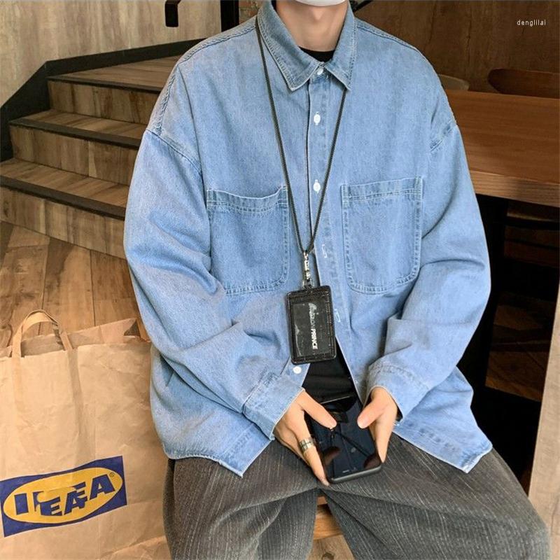 

Men's Casual Shirts 2023 Blue Denim Blouse Single Breasted Long Sleeve Blouses Korea Fashion Oversize Denims Coats Cardigan Unisex Harajuku, Light blue