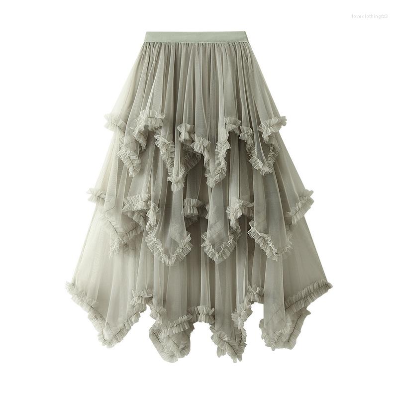 

Skirts Irregular Mesh Cake Long Skirt Fashion Women High Waist Tulle Midi Fairy Black White Gray Sweet Swing Puffy Tutu, Beige