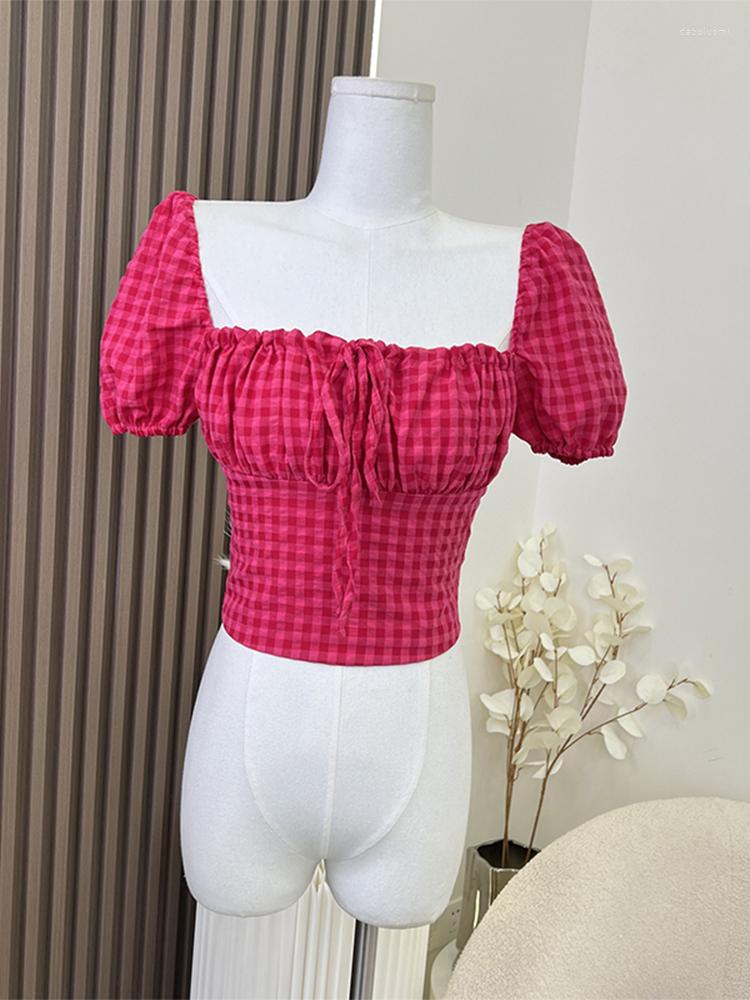 

Women' Blouses Korean Fashion Retro Summer Plaid Women Crop Tops Shirt Square Collar Slim Tie Up Zipper Clothes French Style Elegance, Red