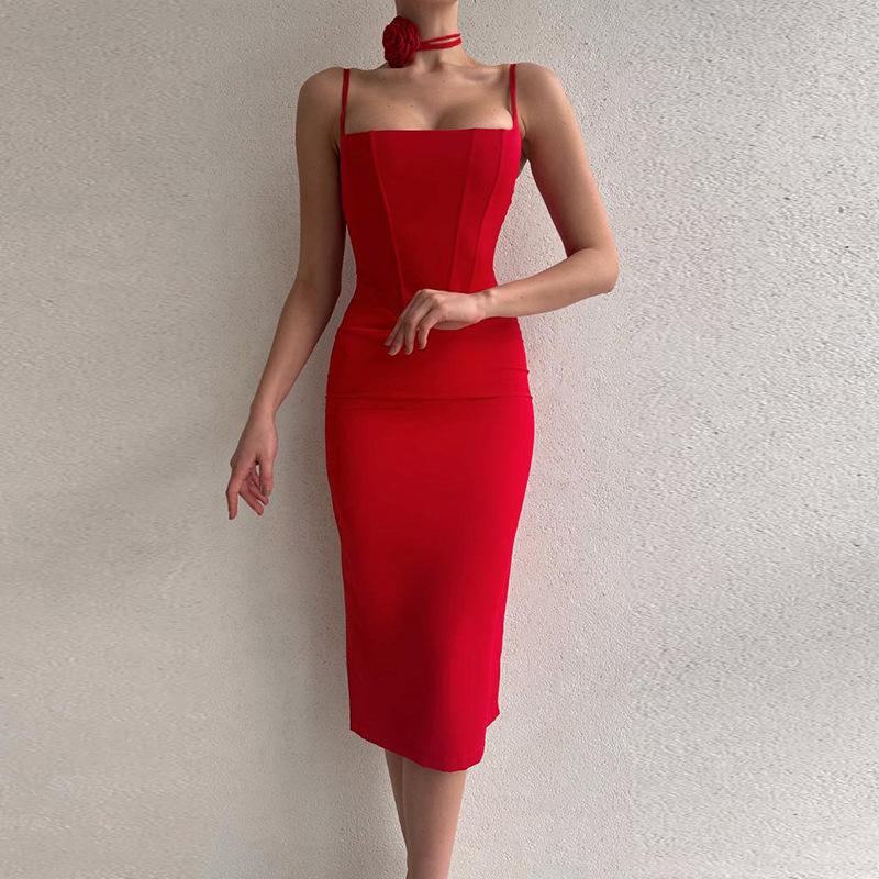 

Casual Dresses Elegant Women Summer Cocktail Party Dress Fashion Sexy Strap Sleeveless High Waist Corset Halter Slim Fit Evening, Black