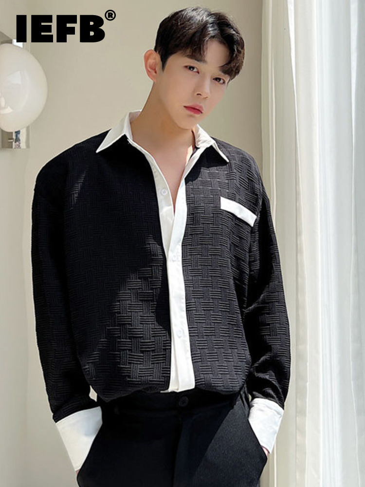 

Men's Casual Shirts IEFB Men Shirt Korean Contrast Color Temperament 223 Fashion Single Breasted Loose Turndown Collar Luxury 23414, White
