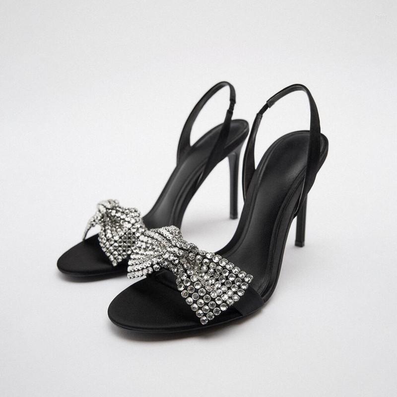 

Sandals TRAF Bow High Heeled Women Autumn 2023 Black Slingback Heels Luxury Rhinestones Wedding Pumps Plus Size Shoes