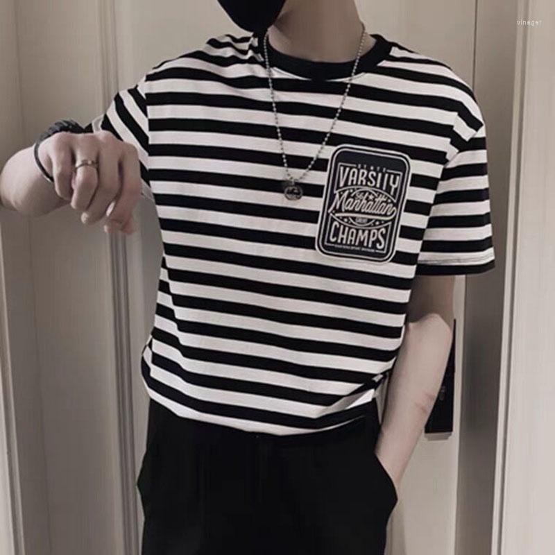 

Men's T Shirts Fashion O-Neck Printed Casual Striped T-Shirt Men's Clothing 2023 Spring Loose Korean Pullovers All-match Tee Shirt, Black