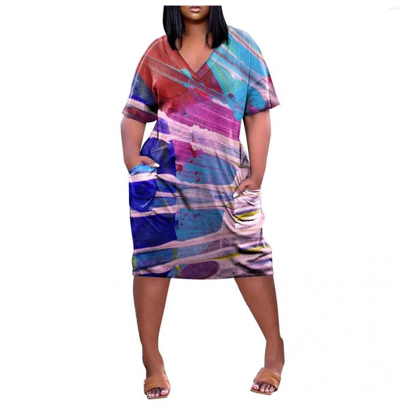 

Plus Size Dresses Casual Polyester Women Dress Short Sleeve Loose V-neck Print Knee Length Street Wear Oversize 2023 Summer, Black