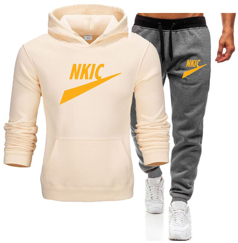 

New Men's Sweatshirt Tracksuits Brand LOGO Print Hoodies Sweatpants 2Pcs Man Joggers Tracksuit Male Pullover Trousers Streetwear Clothes Plus Size, Beige