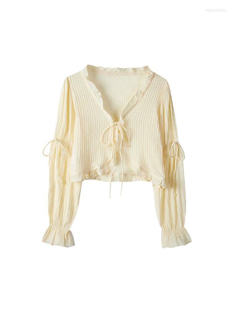

Women's Blouses Solid Color Women V-neck Long Sleeve Chiffon Shirt 2023 Vintage Ruffle Tie Up Design Crop Office Lady Elegance Chic, Off white