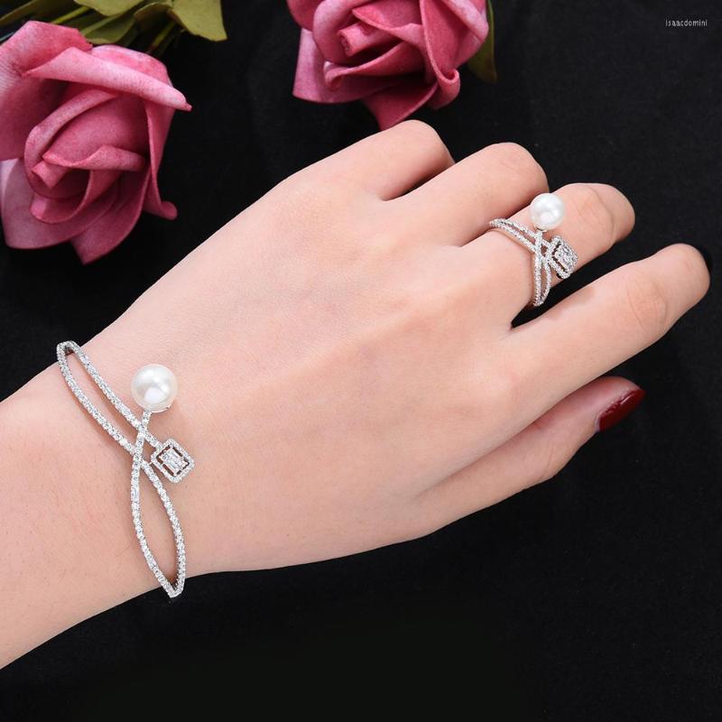 

Necklace Earrings Set Siscathy 2Pcs/set Open Rings Bangle Jewelry Luxury Fashion Zircon Pearl Simplicity Bracelet Party Wedding Accessories, Picture shown