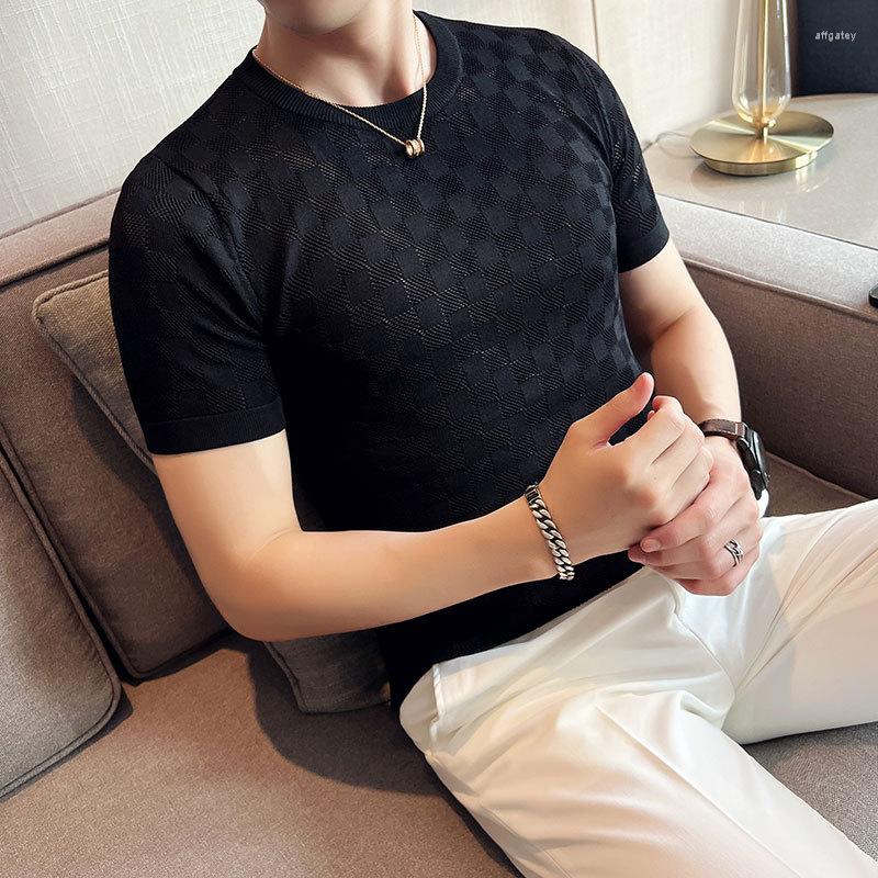 

Men's T Shirts 2023 Men's Knitting Short-sleeved T-shirt Slim Round Neck Pullover Elastic Breathable Shirt, Black