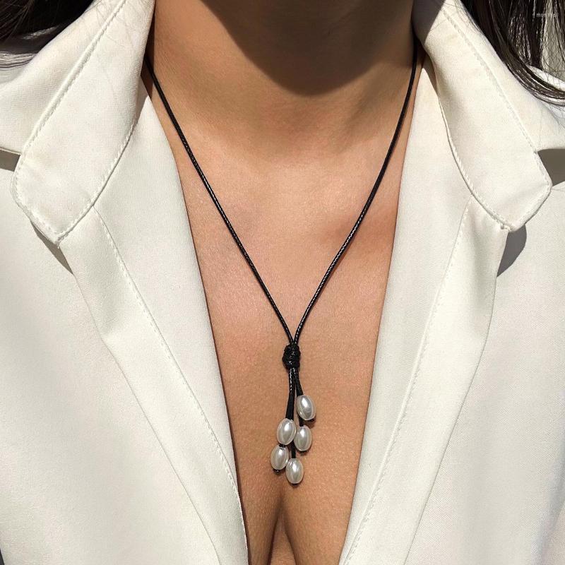 

Choker Women Female Cool Gothic Wax PU Leather Rope Pearls Statement Pendant Necklace Clavicle