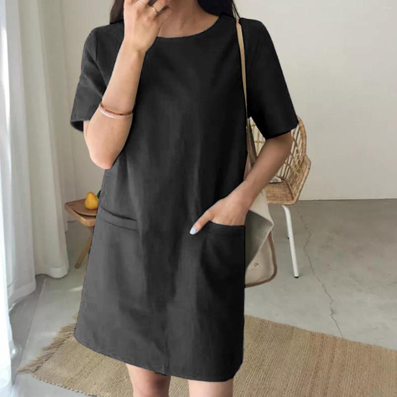 

Casual Dresses Women' Loose Short Sleeve Solid Color Crewneck Mid Length Pocket Dress, Black