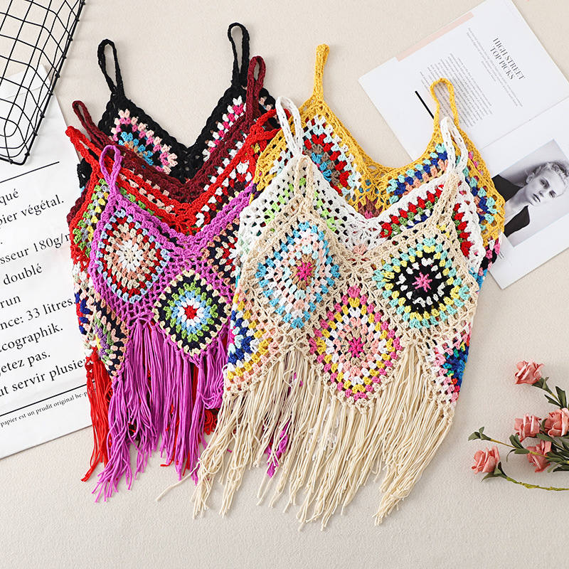 

Camisoles Tanks Tassel Vest Suspenders Female Summer Ethnic Style Retro Embroidery Camisole V neck Travel All match Knitted Hollow Shirt 230413, Yellow