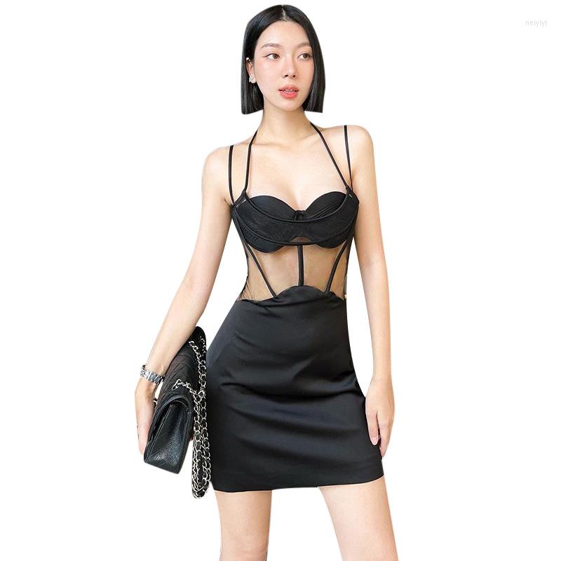 

Casual Dresses Mesh Black Sleeveless Mini Dress Women Sexy Sheer Patchwork Club Females Vestidos Sheath Slim Retro Summer Party Prom