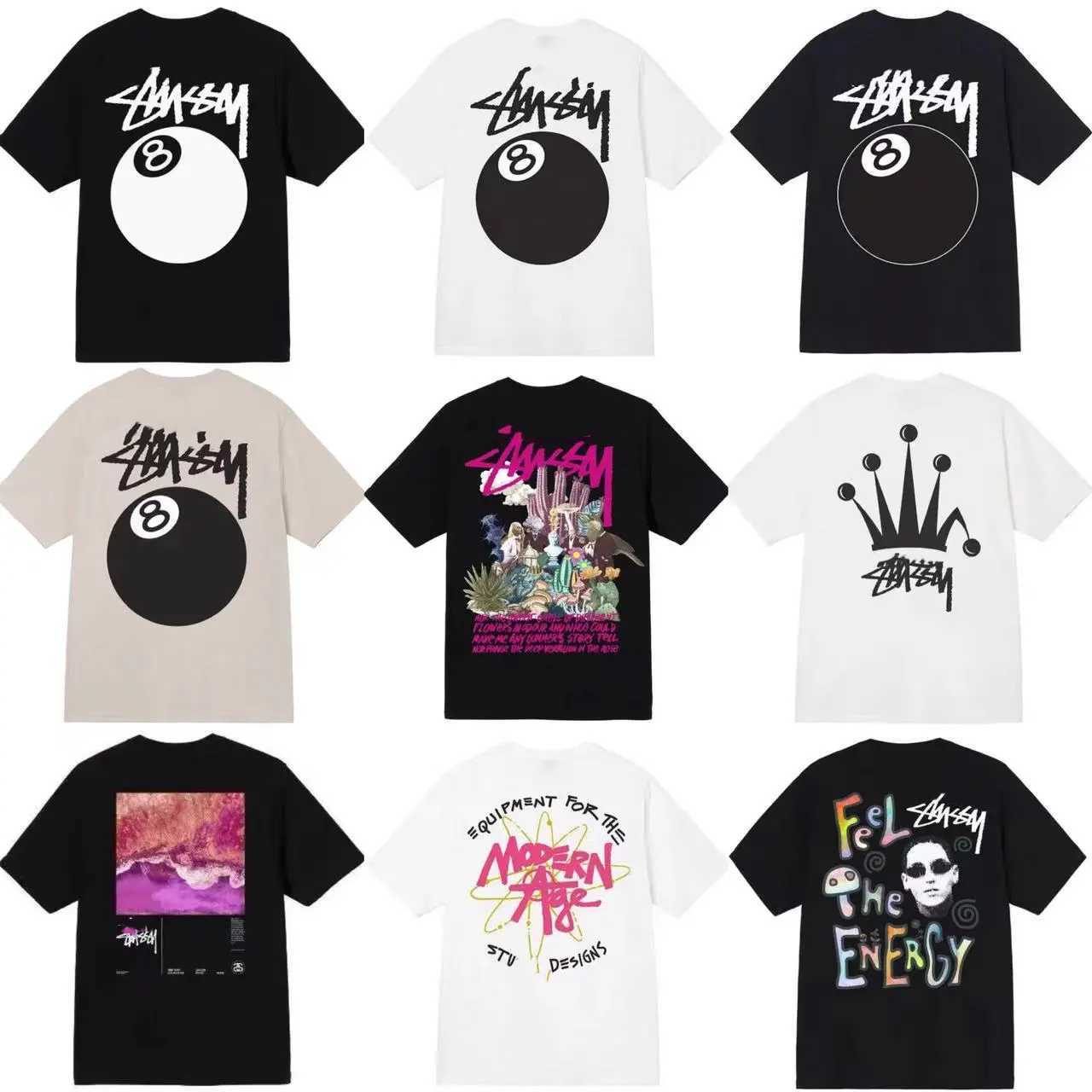 

A+level trendy brand Stusys black 8-ball loose fitting short sleeved Stusys T-shirt parade printed men' and women' half sleeved couple outfit, 13