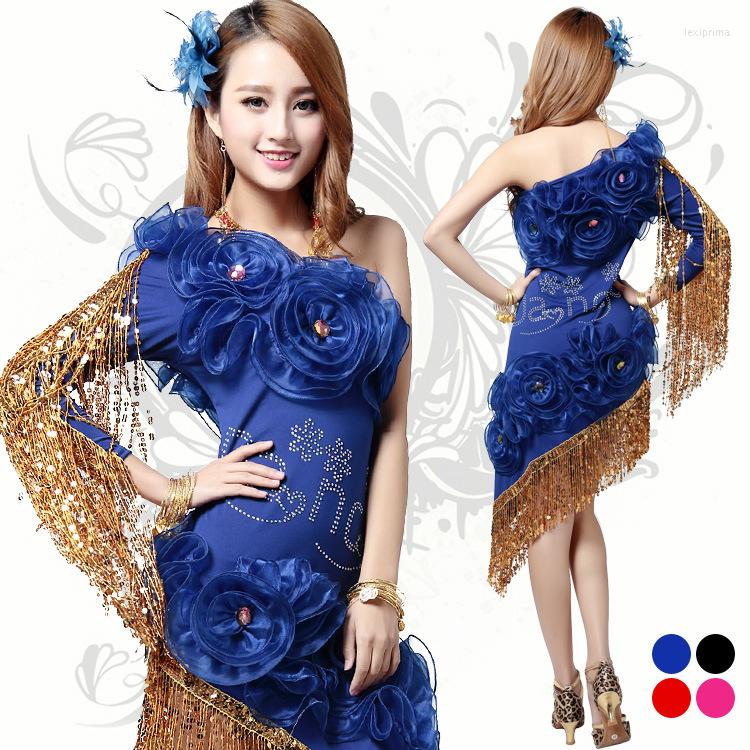 

Stage Wear Diamond Flowers Latin Fringe Dress Girls Ballroom Dancing Women Sequin Latina Tango Clothes Salsa Costumes, Black