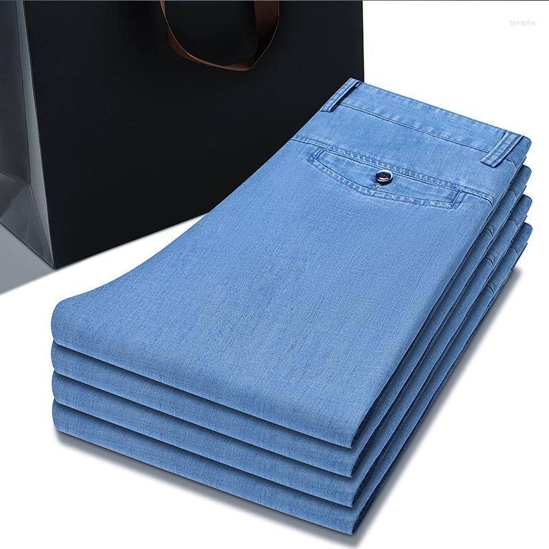 

Men's Pants Spring Autumn Classic Men's High Waist Business Jeans Light Blue Straight Elasticity Denim Trousers Male Brand Oversize