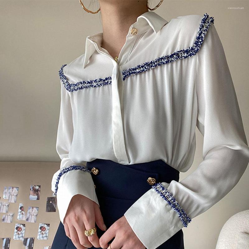 

Women's Blouses Spring Summer Women's Blouse Long Sleeve Top Fashion Tweed Stitching Korean Loose Female Casual Full Chiffon Shirts, White