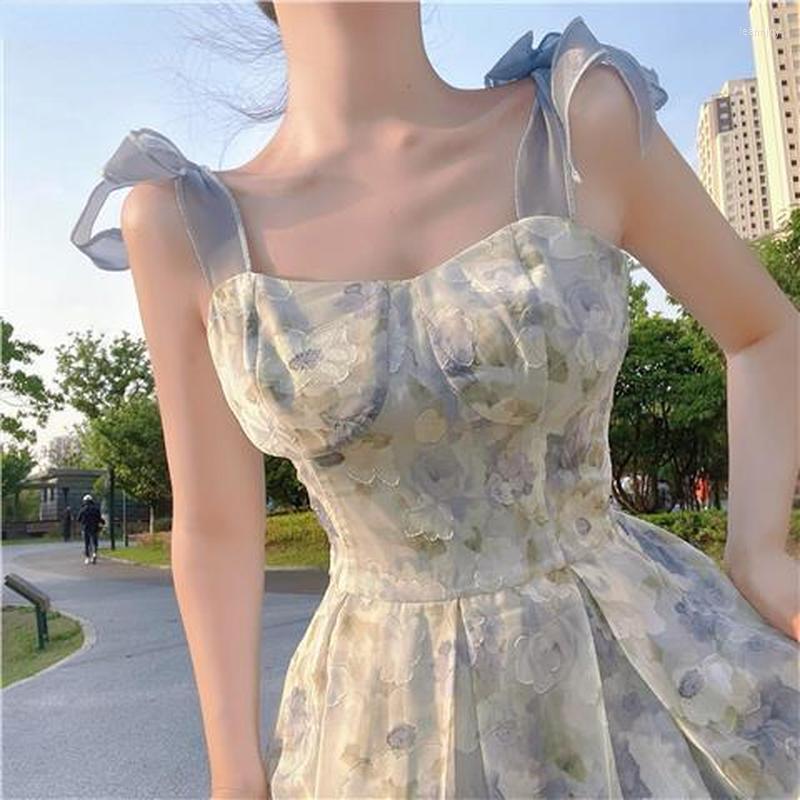 

Casual Dresses Elegant Long Flower Strap Dress Women Vintage Sweet Print Korean Slip Fairy Calssy Party Princess Spring 2023, Flower dress
