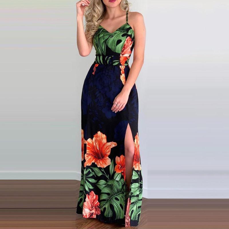 

Casual Dresses 2023 Summer Sleeveless Dress Floral Print Long Fashion Tropical Spaghetti Strap High Slit Backless Party Ladies, Deep blue