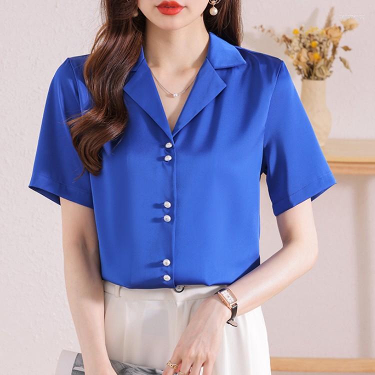 

Women' Blouses Elegant Lapel Fashion Blue Chiffon Blouse Women' Clothing 2023 Summer Short Sleeve Casual Office OL Lady Shirt Top, Photo color