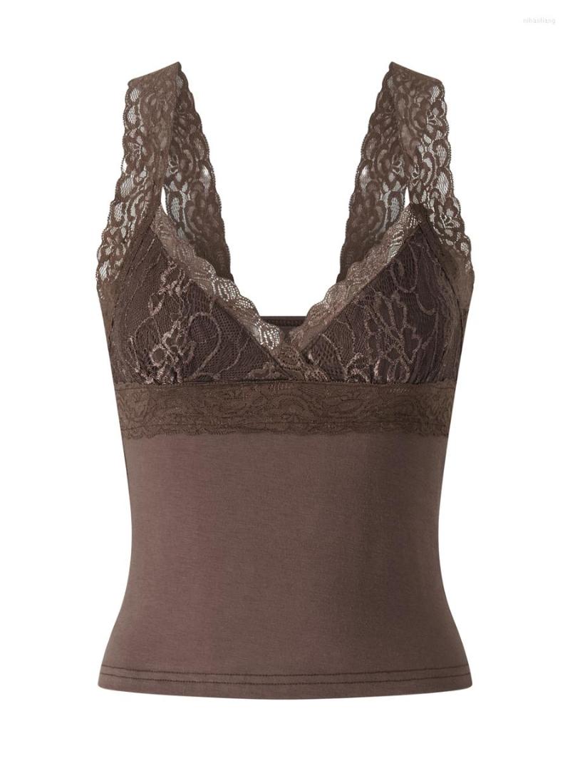 

Women' Tanks Faithtur Womens Y2K Tank Tops Lace Cami Sleeveless V Neck Slim Fit Sexy Top Spaghetti Strap Casual Blouses For Women, Brown