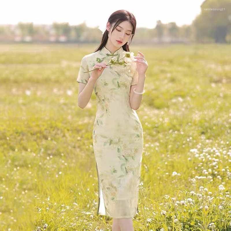 

Ethnic Clothing Elegant Women Print Flower Cheongsam Traditional Slim Party Dress Chinese Style Ladies Stage Show Qipao Oriental Girls Qi