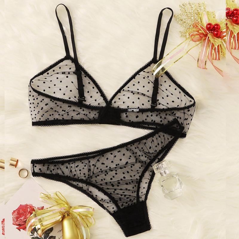 

Bras Sets Sexy Underwear Ladies Breathable Bralette With Underpants Polka Dot Sheer Mesh Lingeries Set Women Invisible, Black