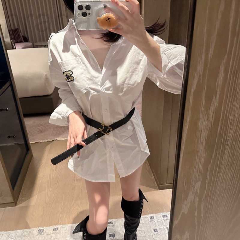 

Women' Polos designer 23ss New Embroidery Hand Sewn Metal Arc de Triomphe Polo Collar Long Sleeve Shirt for Women with Belt Loose Fit 7OD9, White