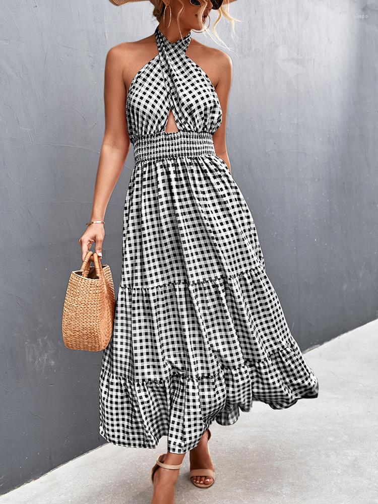 

Casual Dresses Plaid Sexy Maxi Dress Women Halter Floral Print Long Backless Sleeveless Boho Beach Summer Vestidos Mujer, Black plaid