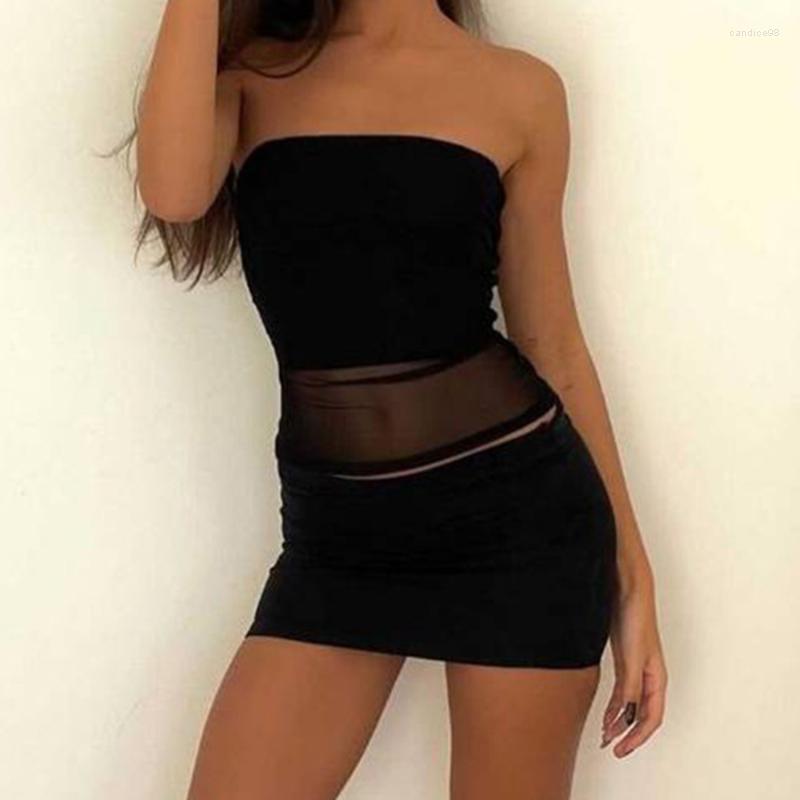 

Work Dresses Sexy Women Skirts Suit 2 Pieces Summer Dress Bodycon Set Black Mesh Patchwork Tube Top And Mini